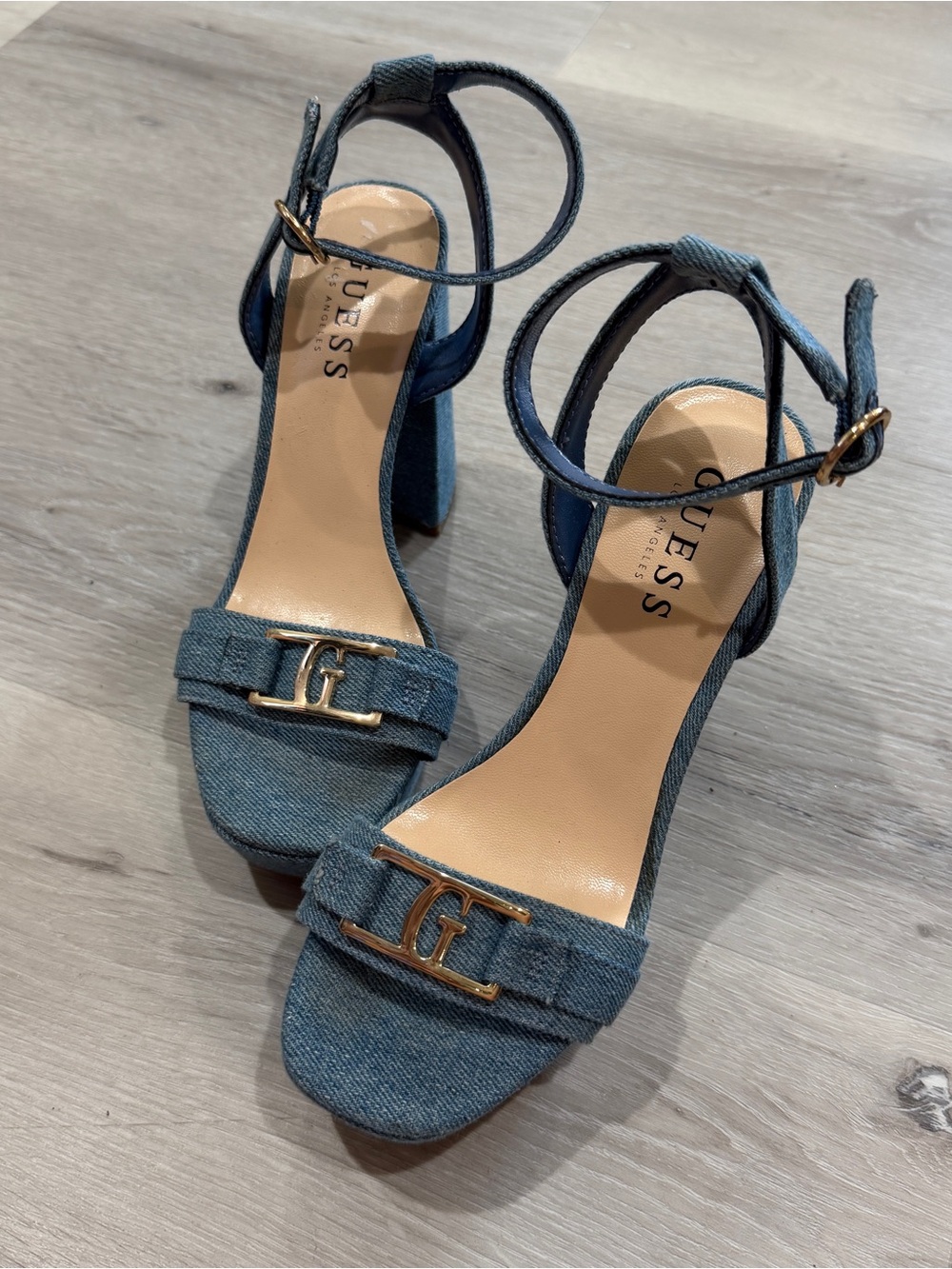 GUESS Denim Blue Ankle-Strap Block Heels with Gold Logo